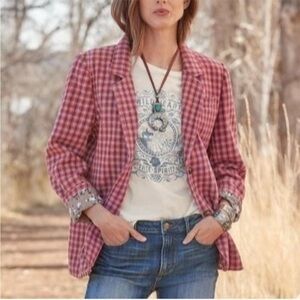 Sundance The Lisa Pink Plaid Wool Blend Blazer Jacket with Floral Lining XS